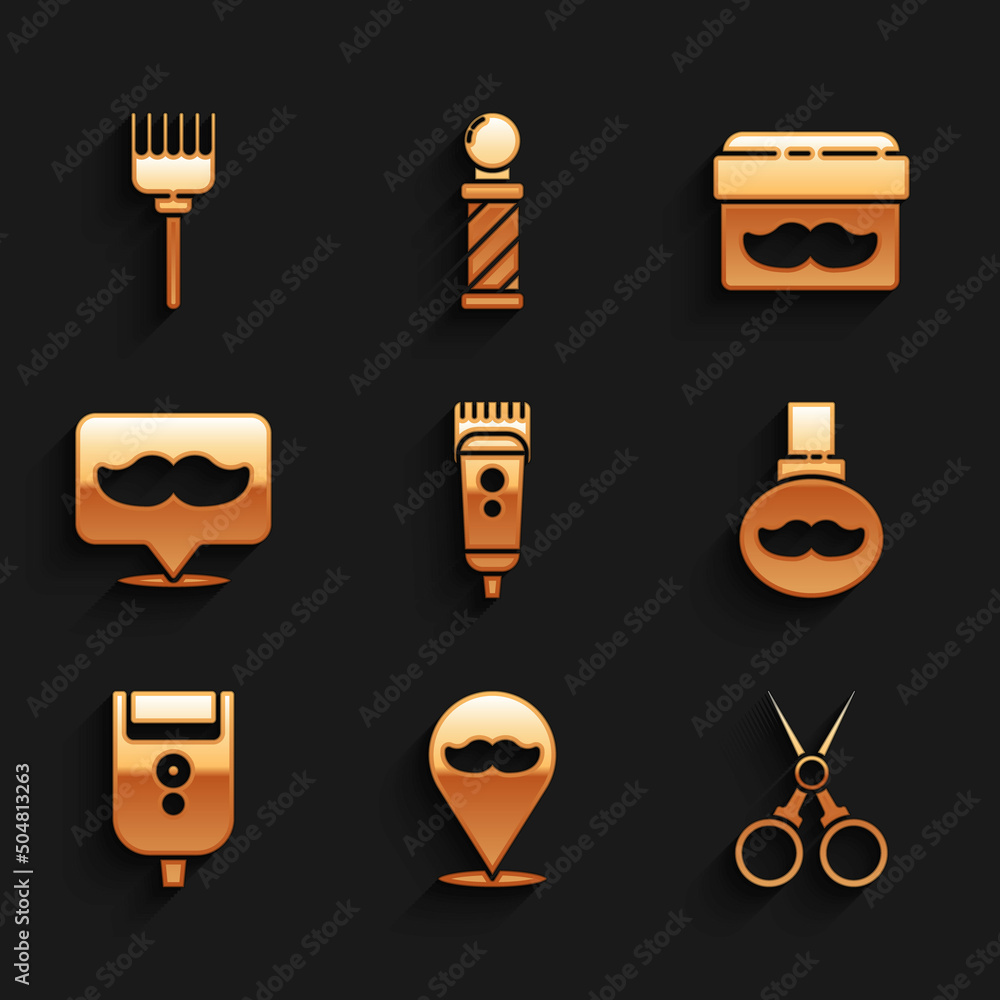 Set Electrical hair clipper or shaver, Barbershop, Scissors hairdresser, Beard and mustaches care oil bottle, razor blade for men, Cream lotion cosmetic jar and Hairbrush icon. Vector Set Electrical hair clipper or shaver, Barbershop, Scissors hairdresser, Beard and mustaches care oil bottle, razor blade for men, Cream lotion cosmetic jar and Hairbrush icon. Vector