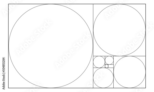 Golden ratio template. Circles in squares in rectangle frame. Fibonacci Sequence. Ideal symmetry proportions grid. Vector outline illustration.