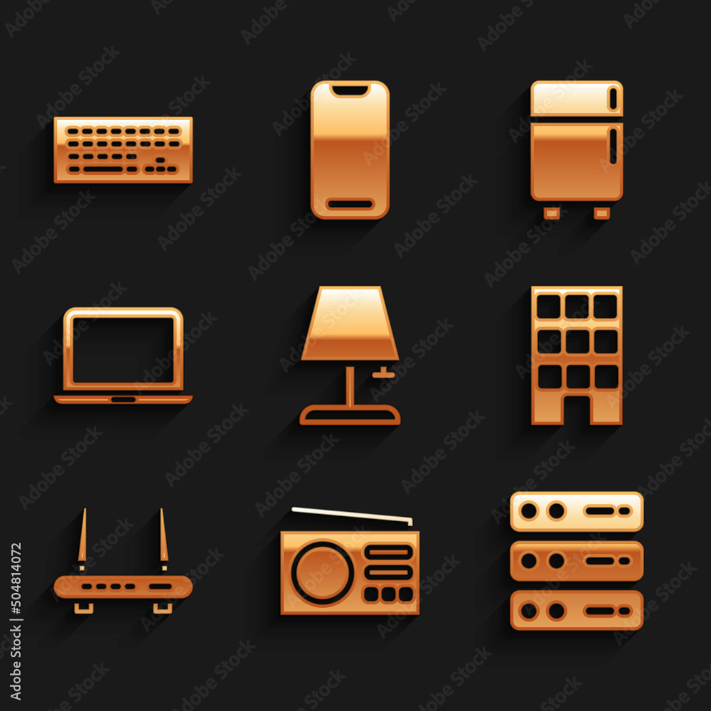Set Table lamp, Radio, Server, Data, Web Hosting, House, Router and wi-fi signal, Laptop, Refrigerator and Keyboard icon. Vector Set Table lamp, Radio, Server, Data, Web Hosting, House, Router and wi-fi signal, Laptop, Refrigerator and Keyboard icon. Vector
