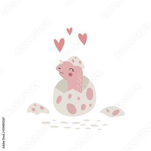 Cartoon cute little dinosaur hatched from an egg vector illustraion. Characters reptiles isolated on white background. Kids poster