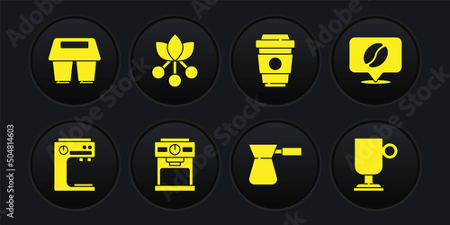 Set Coffee machine, Location with coffee bean, turk, cup to go, branch, Irish and icon. Vector