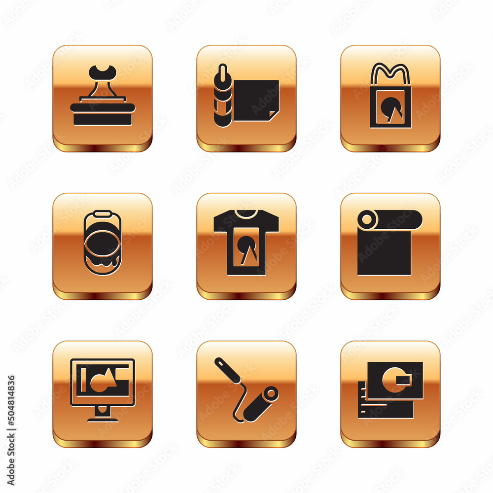 Set Stamp, Computer monitor screen, Paint roller brush, T-shirt, bucket, Paper shopping bag, Business card and Roll of paper icon. Vector Set Stamp, Computer monitor screen, Paint roller brush, T-shirt, bucket, Paper shopping bag, Business card and Roll of paper icon. Vector