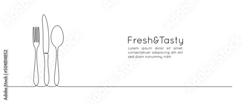 One continuous line drawing of food tools. Spoon Fork and Knife for decoration restoran menu in simple linear style. Hand drawn sign or logo cafe. Editable stroke. Doodle vector illustration