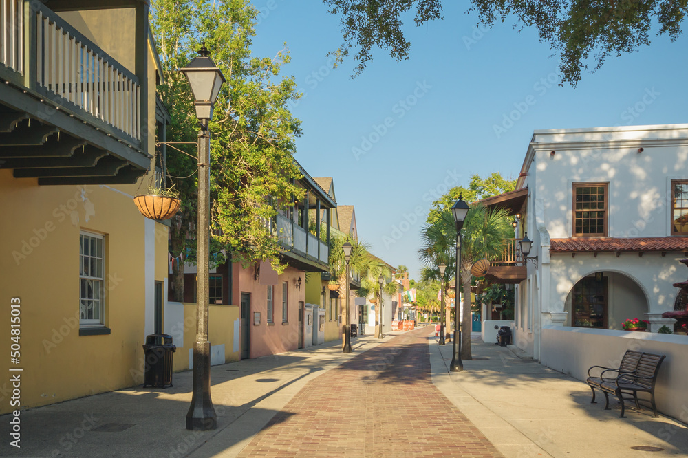 The streets of the historic town of St Augustine, Florida with shops and restaurants