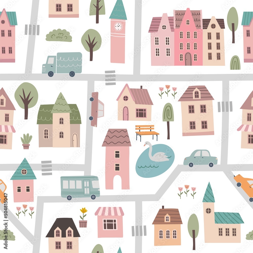 Seamless pattern with small cute town map. Houses, trees, animals, cars, roads vector illustration. Cartoon buildings collection. Hand draw style. City elements on white background. Flat design.