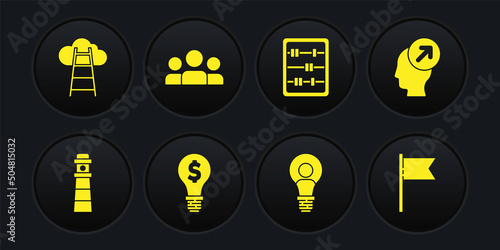 Set Lighthouse, Head hunting concept, bulb with dollar, lamp, Abacus, Users group, Location marker and Stair finish flag icon. Vector