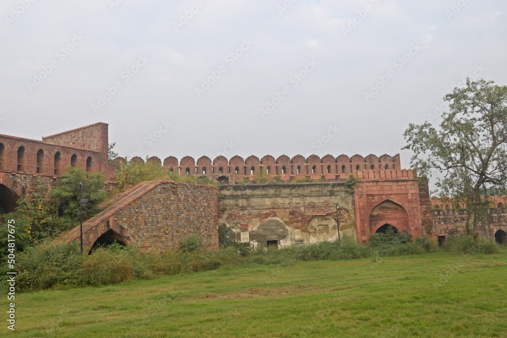 boundary wall  of unesco world heritage site,  red fort, old delhi, india 