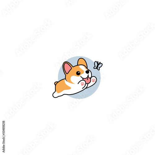 Cute pembroke welsh corgi dog playing with butterfly cartoon, vector illustration