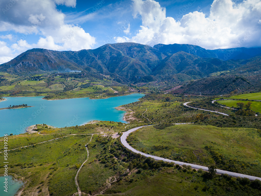 Picturesque scene of mountain lake near Zahara de la Sierra, popular tourist attraction. Andalusia, Spain