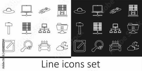 Set line Cloud with moon and stars, FTP cancel operation, UFO flying spaceship alien, Server, Data, Web Hosting, Hammer, Computer network and icon. Vector