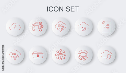 Set line Music streaming service, Methane emissions reduction, CO2 cloud, Car sharing, Delete folder and icon. Vector