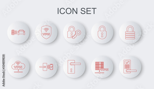 Set line Digital door lock with wireless, VPN Network cloud connection, Lock and key, Server, Smart car alarm system, Shield, and Door handle icon. Vector