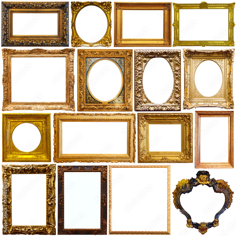 Set of isolated on white background art empty frames in golden and silvery color - obrazy, fototapety, plakaty 