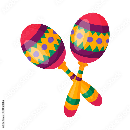 Traditional Latin maracas. Folk Mexican rattle music instrument with bright striped balls and wooden handles.