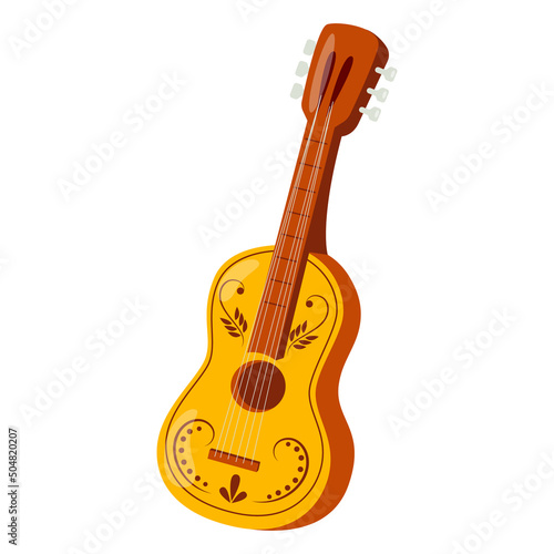 Classic mexican guitar vector flat illustration. Traditional six-string musical instrument isolated. Symbol of folk and art music.