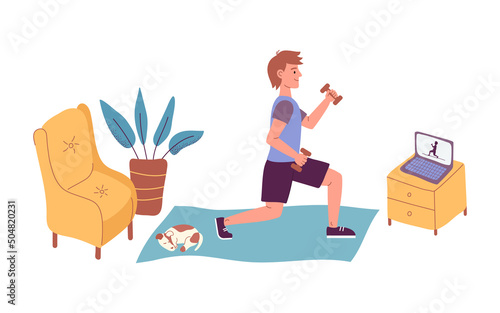 Man training at home watching online classes or video course on laptop . Guy practicing sport enjoying healthy lifestyle.