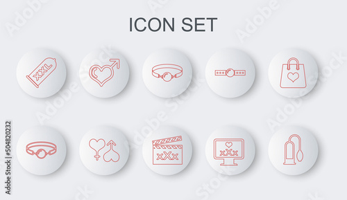 Set line Penis pump, Silicone ball gag, Monitor with 18 plus content, Condom safe sex, Male gender and heart, female and Movie clapper Sex icon. Vector