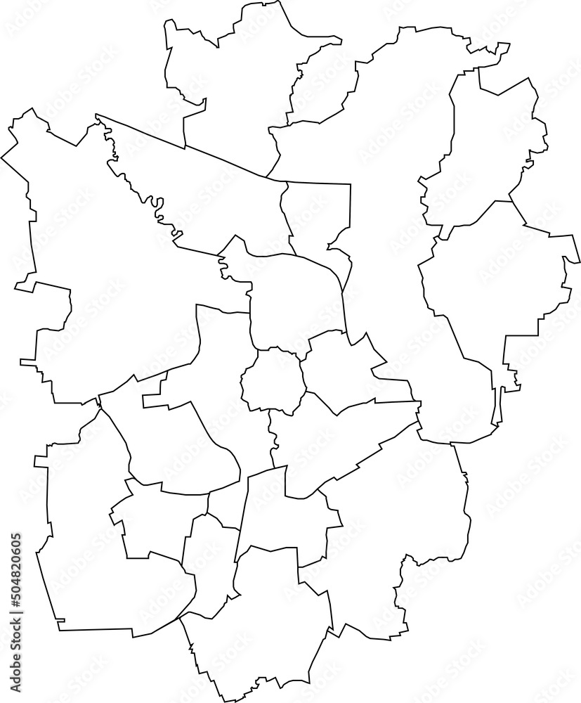 White flat blank vector administrative map of BRAUNSCHWEIG, GERMANY with black border lines of its districts