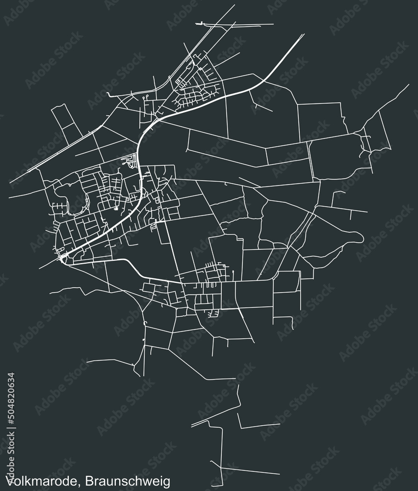 Detailed negative navigation white lines urban street roads map of the VOLKMARODE DISTRICT of the German regional capital city of Braunschweig, Germany on dark gray background