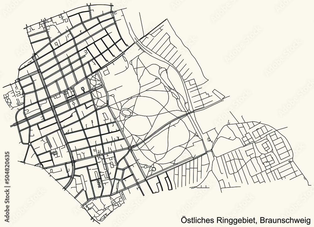 Detailed navigation black lines urban street roads map of the ÖSTLICHES RINGGEBIET DISTRICT of the German regional capital city of Braunschweig, Germany on vintage beige background