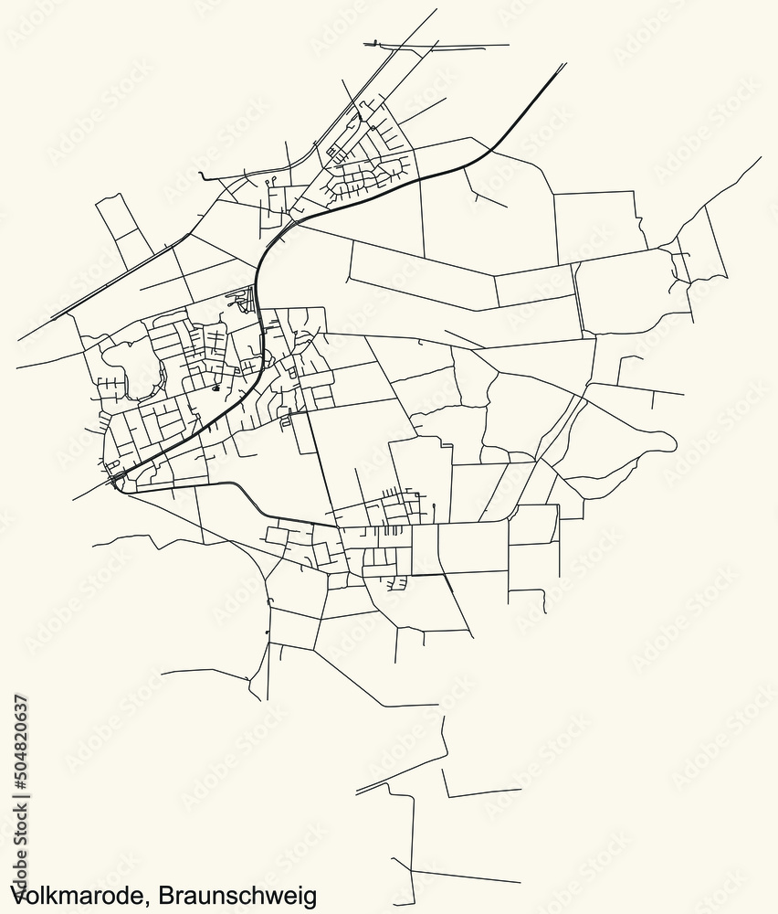 Detailed navigation black lines urban street roads map of the VOLKMARODE DISTRICT of the German regional capital city of Braunschweig, Germany on vintage beige background