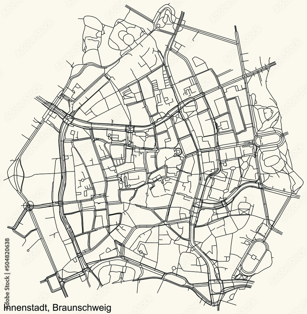 Detailed navigation black lines urban street roads map of the INNENSTADT DISTRICT of the German regional capital city of Braunschweig, Germany on vintage beige background