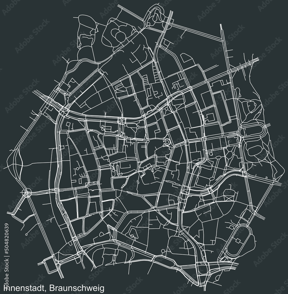 Detailed negative navigation white lines urban street roads map of the INNENSTADT DISTRICT of the German regional capital city of Braunschweig, Germany on dark gray background