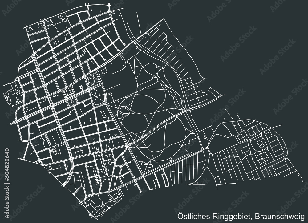 Detailed negative navigation white lines urban street roads map of the ÖSTLICHES RINGGEBIET DISTRICT of the German regional capital city of Braunschweig, Germany on dark gray background