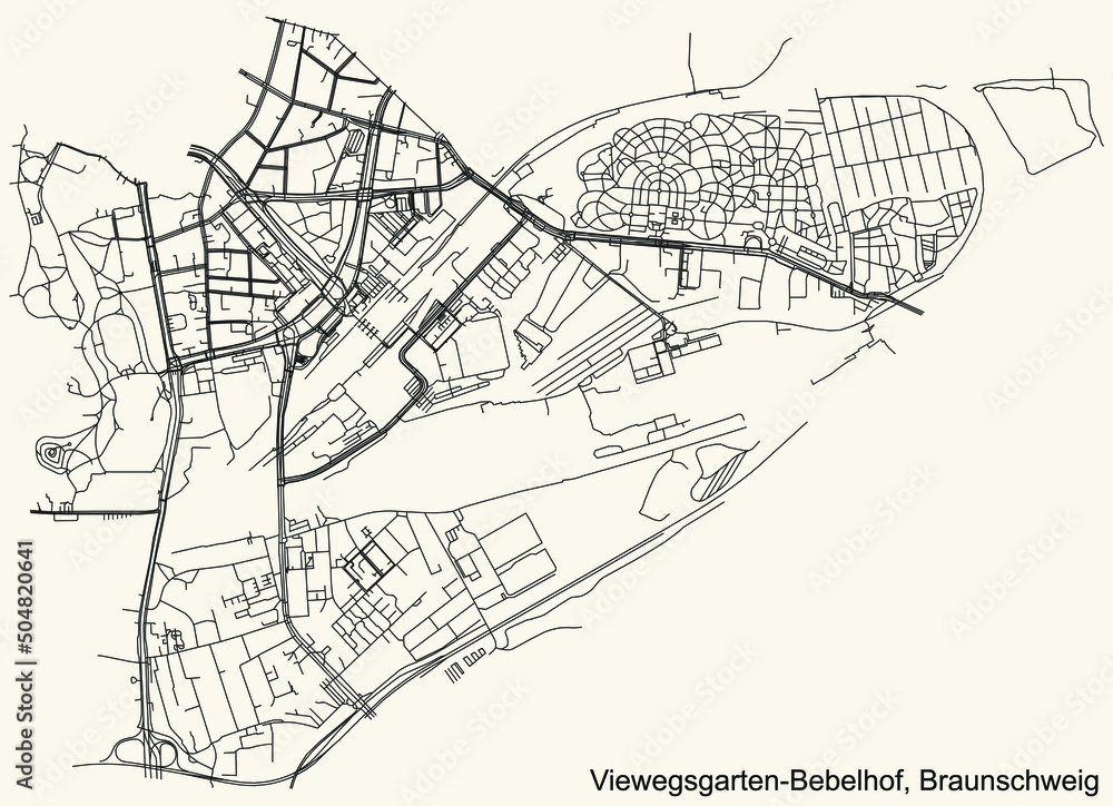 Detailed navigation black lines urban street roads map of the VIEWEGSGARTEN-BEBELHOF DISTRICT of the German regional capital city of Braunschweig, Germany on vintage beige background