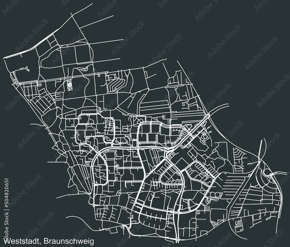 Detailed negative navigation white lines urban street roads map of the WESTSTADT DISTRICT of the German regional capital city of Braunschweig, Germany on dark gray background