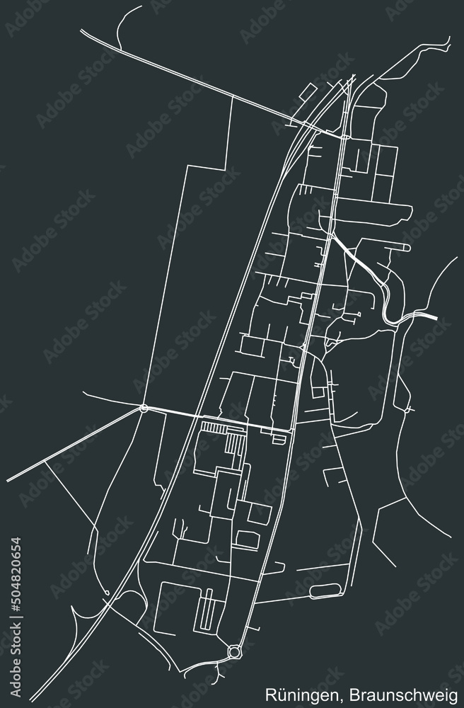 Detailed negative navigation white lines urban street roads map of the RÜNINGEN DISTRICT of the German regional capital city of Braunschweig, Germany on dark gray background