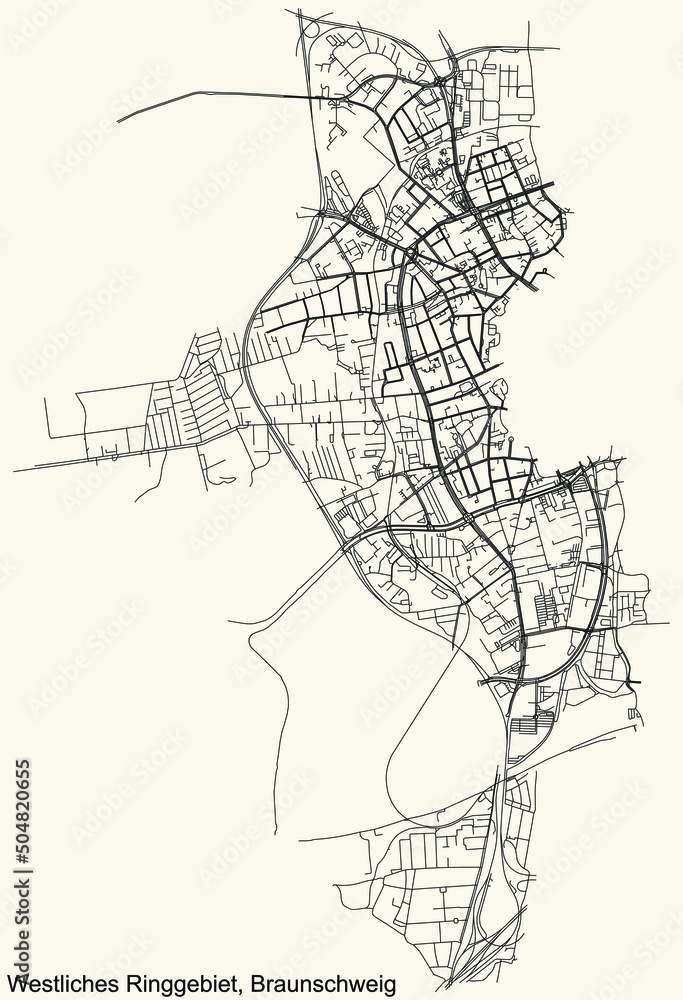 Detailed navigation black lines urban street roads map of the WESTLICHES RINGGEBIET DISTRICT of the German regional capital city of Braunschweig, Germany on vintage beige background