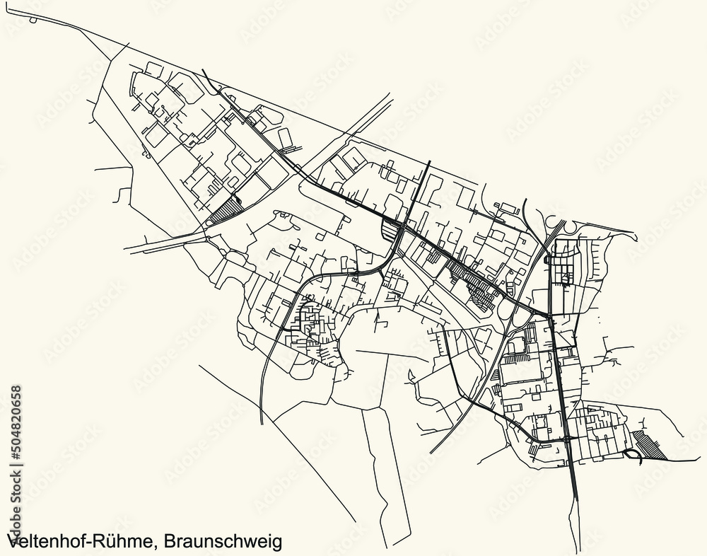Detailed navigation black lines urban street roads map of the VELTENHOF-RÜHME DISTRICT of the German regional capital city of Braunschweig, Germany on vintage beige background