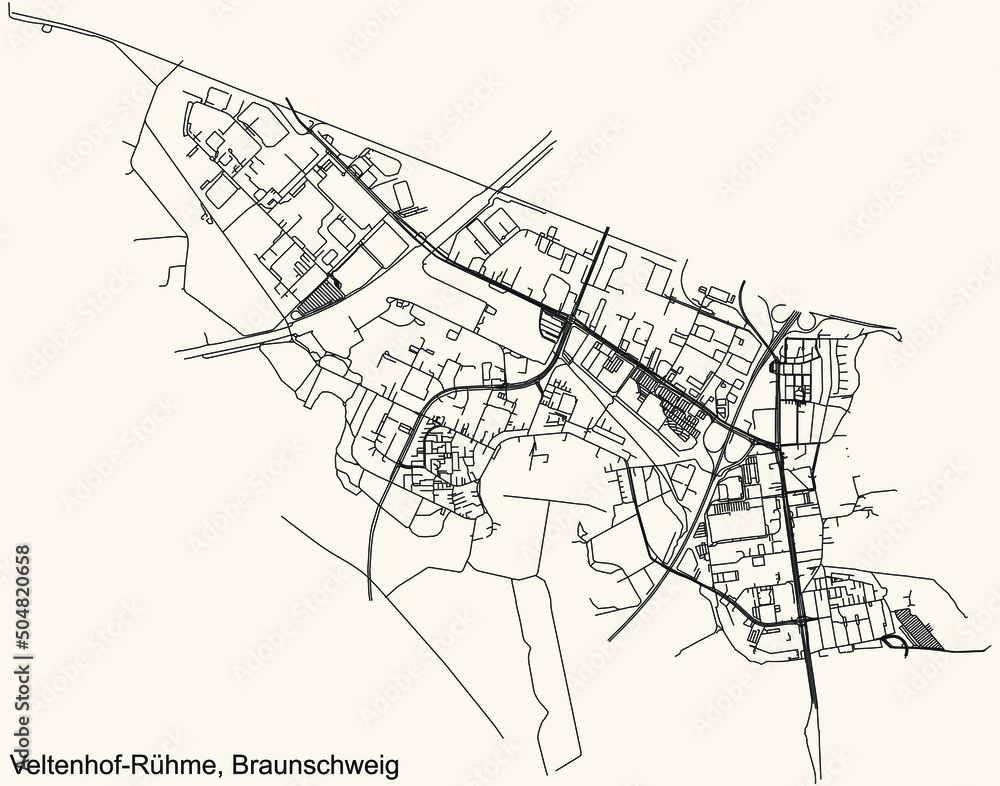 Detailed navigation black lines urban street roads map of the VELTENHOF-RÜHME DISTRICT of the German regional capital city of Braunschweig, Germany on vintage beige background Detailed navigation black lines urban street roads map of the VELTENHOF-RÜHME DISTRICT of the German regional capital city of Braunschweig, Germany on vintage beige background