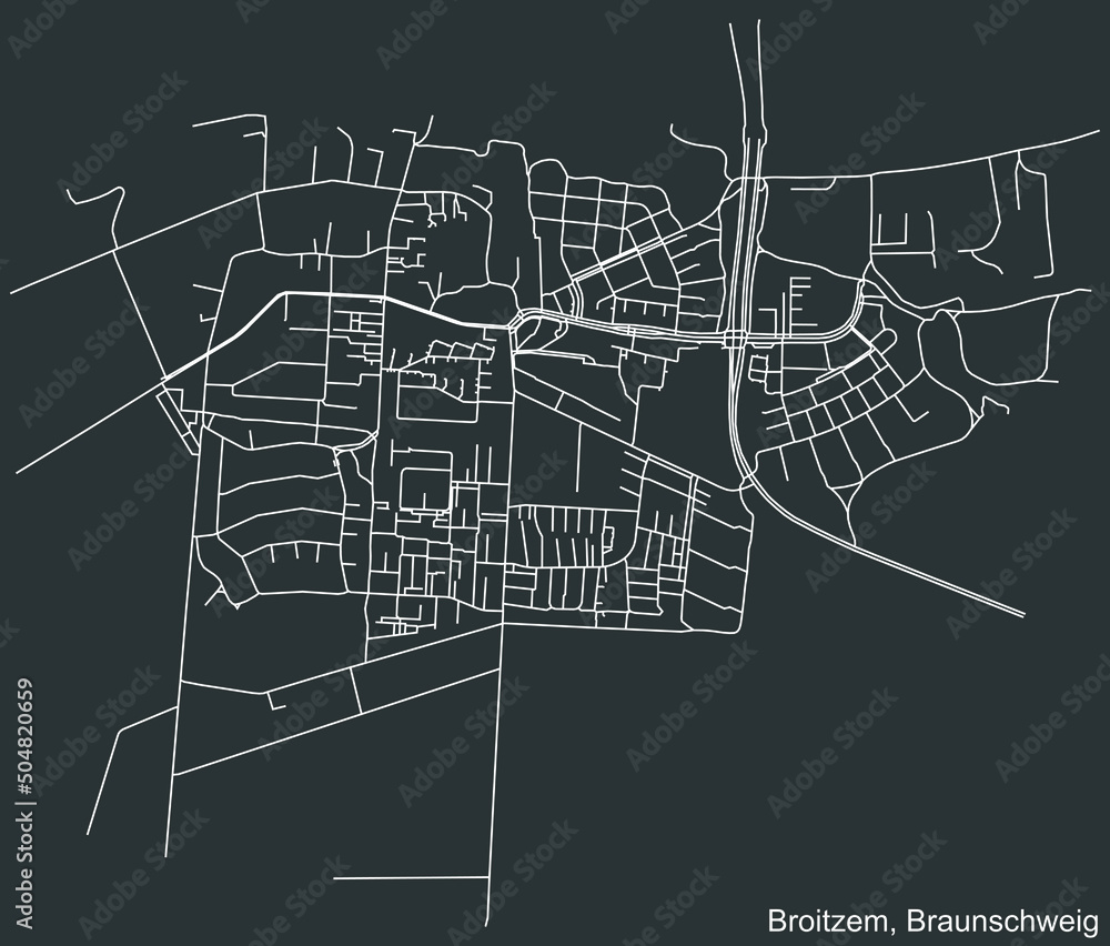 Detailed negative navigation white lines urban street roads map of the BROITZEM DISTRICT of the German regional capital city of Braunschweig, Germany on dark gray background