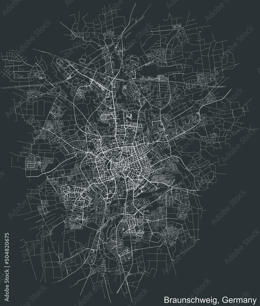 Detailed negative navigation white lines urban street roads map of the German regional capital city of BRAUNSCHWEIG, GERMANY on dark gray background