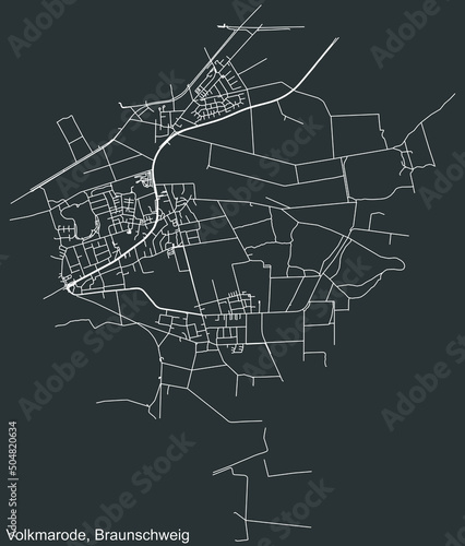 Detailed negative navigation white lines urban street roads map of the VOLKMARODE DISTRICT of the German regional capital city of Braunschweig, Germany on dark gray background