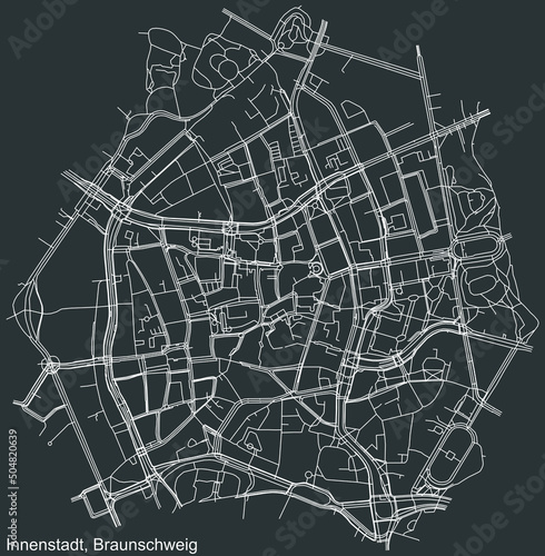 Detailed negative navigation white lines urban street roads map of the INNENSTADT DISTRICT of the German regional capital city of Braunschweig, Germany on dark gray background