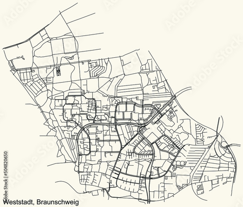 Detailed navigation black lines urban street roads map of the WESTSTADT DISTRICT of the German regional capital city of Braunschweig, Germany on vintage beige background photo