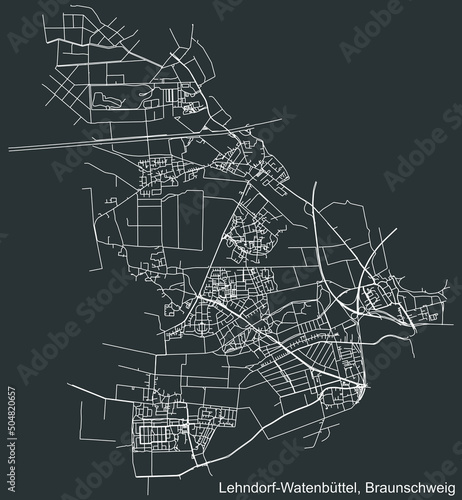 Detailed negative navigation white lines urban street roads map of the LEHNDORF-WATENBÜTTEL DISTRICT of the German regional capital city of Braunschweig, Germany on dark gray background