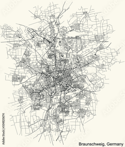 Detailed navigation black lines urban street roads map of the German regional capital city of BRAUNSCHWEIG, GERMANY on vintage beige background