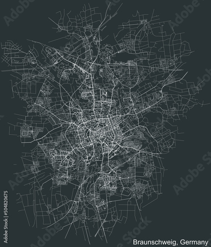 Detailed negative navigation white lines urban street roads map of the German regional capital city of BRAUNSCHWEIG, GERMANY on dark gray background