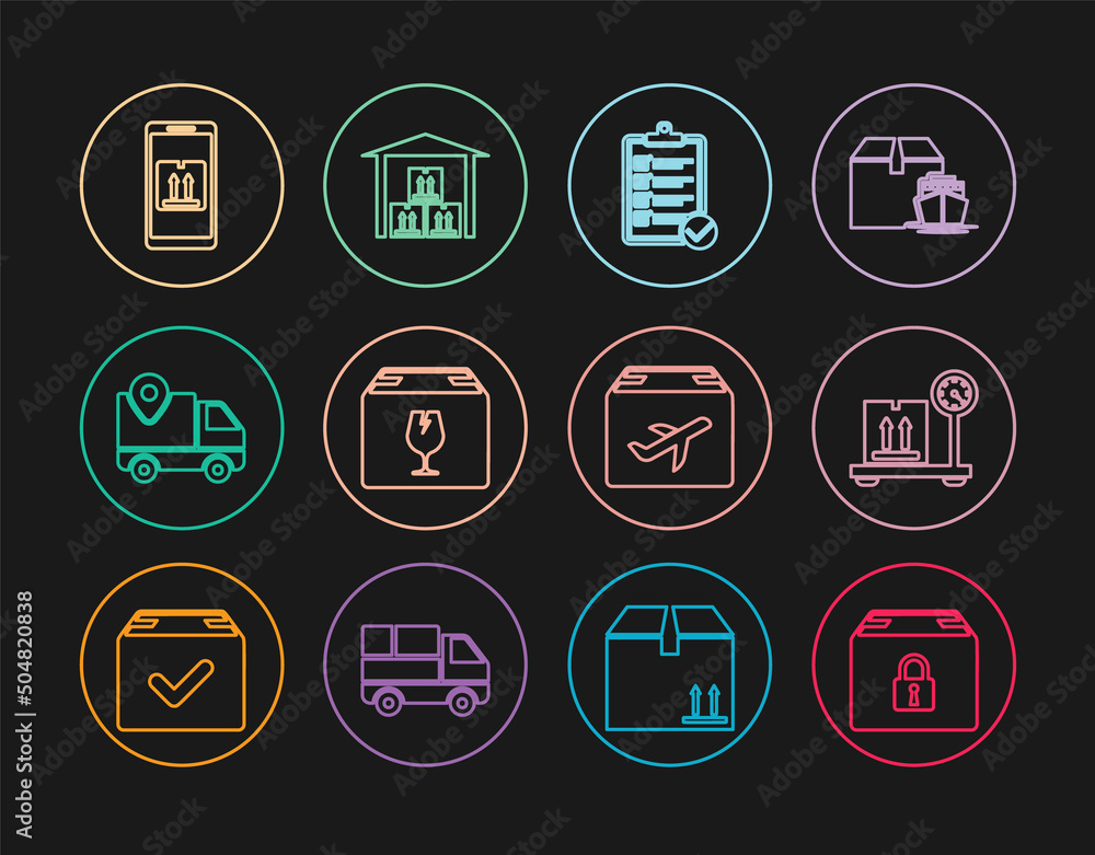 Set line Locked package, Scale with cardboard box, Verification of delivery list, Delivery fragile content, tracking, Mobile app, Plane and and Warehouse icon. Vector