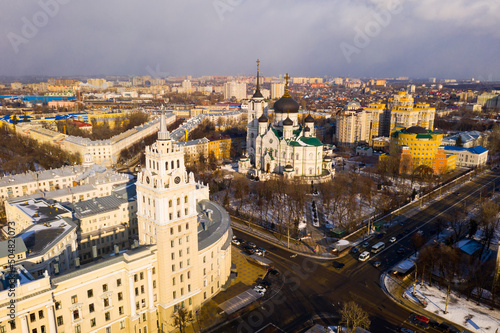 Fototapeta Naklejka Na Ścianę i Meble -  Cathedral of the Annunciation and the clock tower of the South-Eastern Railway building frome drone in Voronezh, Russia