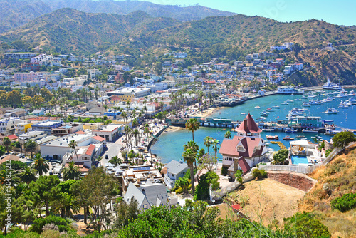 View overlooking the town of Avalon with the Holly Hill house in the foreground on Santa Catalina Island off the coast of Southern California