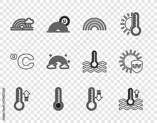 Set line Meteorology thermometer, Water, Rainbow, with cloud, clouds, and UV protection icon. Vector