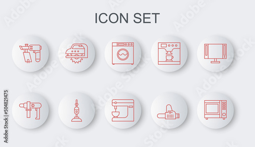 Set line Microwave oven, Electric drill machine, Washer, Chainsaw, Nail gun, circular, Vacuum cleaner and mixer icon. Vector