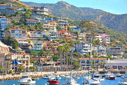 Vacation homes in Avalon tightly packed on the Santa Catalina Island hillside off the coast of Southern California