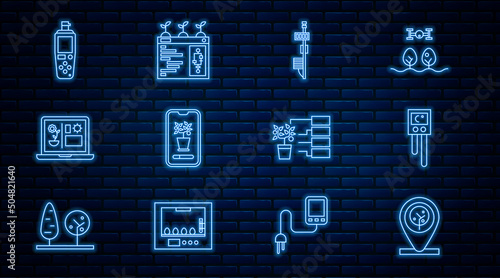 Set line Location and tree, Temperature humidity sensor, Standalone, Smart control farming system, technology, Portable, Flower analysis and icon. Vector