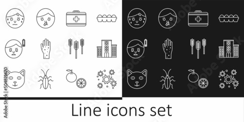 Set line Bacteria, Medical hospital building, First aid kit, Hand with psoriasis or eczema, Fatigue, Man excessive sweating, Wheat and Runny nose icon. Vector